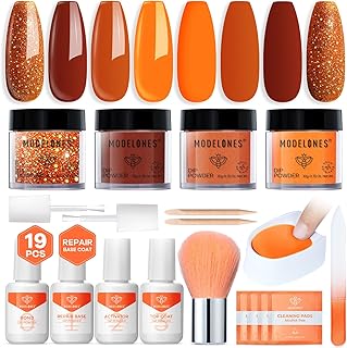 Modelones Dip Powder Nail Kit, 4 Colors Fall Orange Glitter Dipping Starter Set with Liquid and Complete Accessories for French Nails Art Salon DIY at Home Manicure