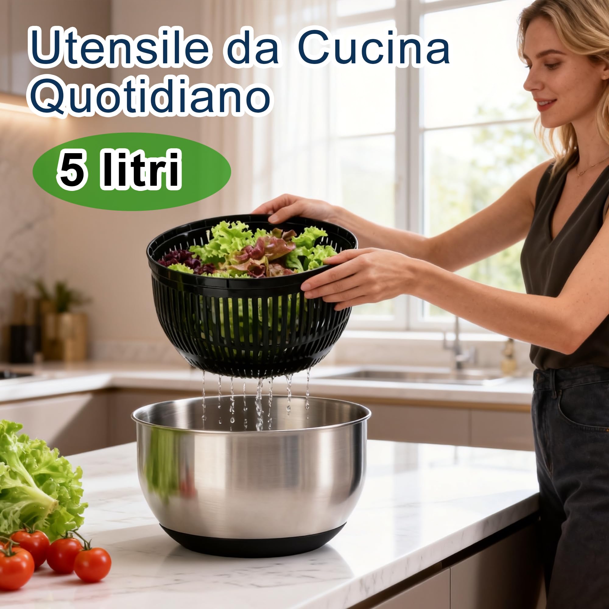VALLEYHIKE Centrifuga Insalata in Acciaio Inox, 5L con Coperchio Ermetico