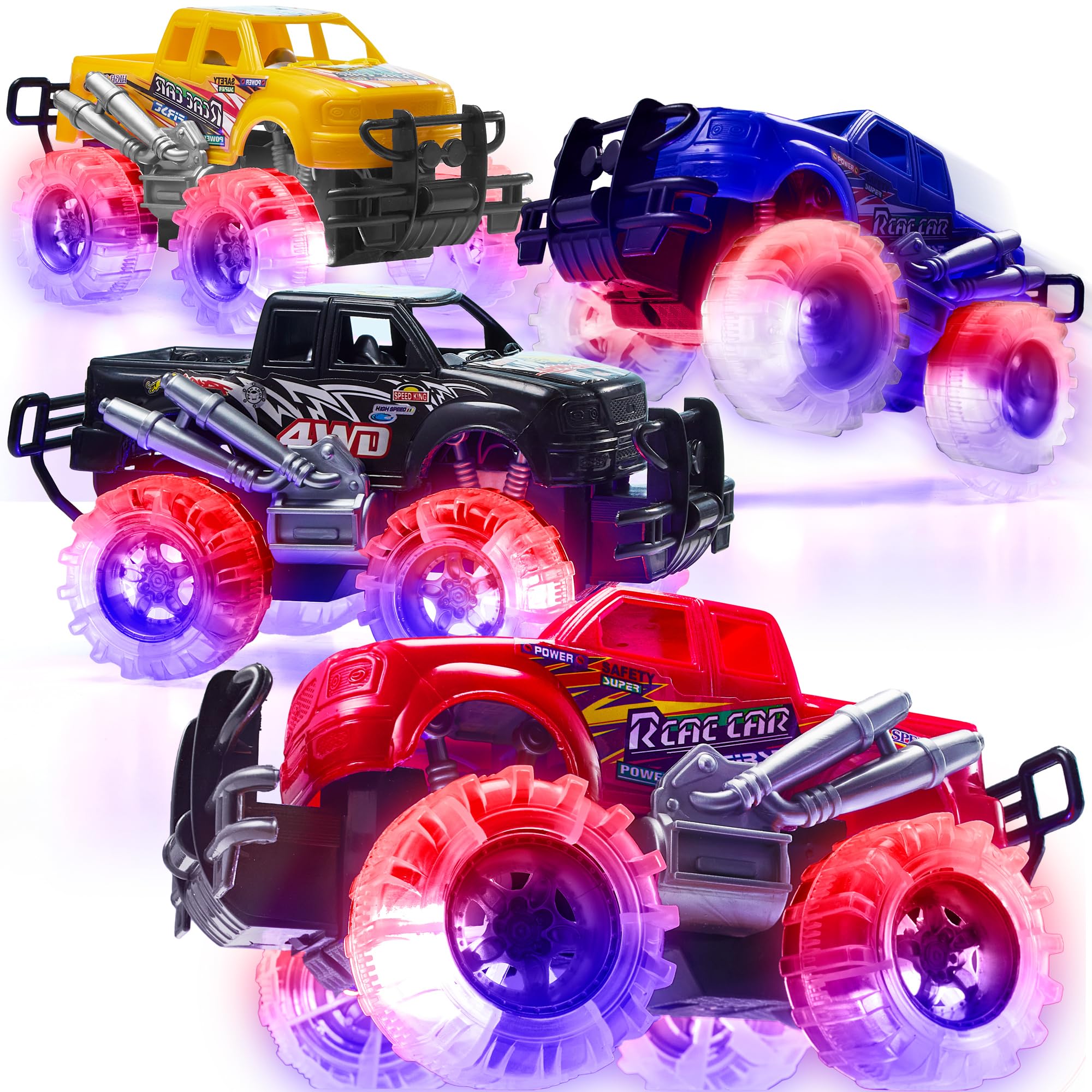 ArtCreativity Light Up Monster Trucks for Boys and Girls, 4-Pack Toy Truck Set, Monster Trucks for Boys 3 4 5 6 7 8 Years Old, Toddler Monster Truck