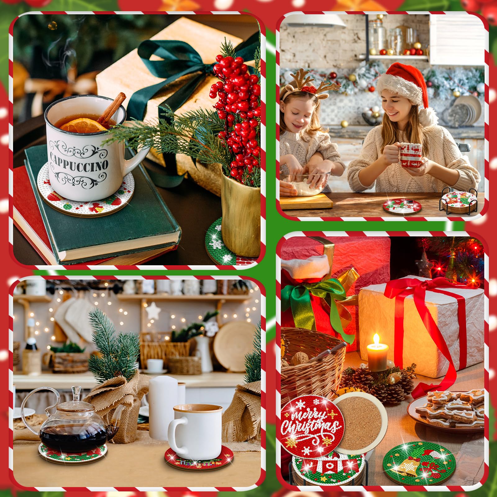 12 posavasos de arte de diamantes de Navidad, clásicos elementos de Navidad, posavasos de pintura de diamantes con soporte, kit de pintura de diamantes de Navidad, Papá Noel, muñeco de nieve, árbol de