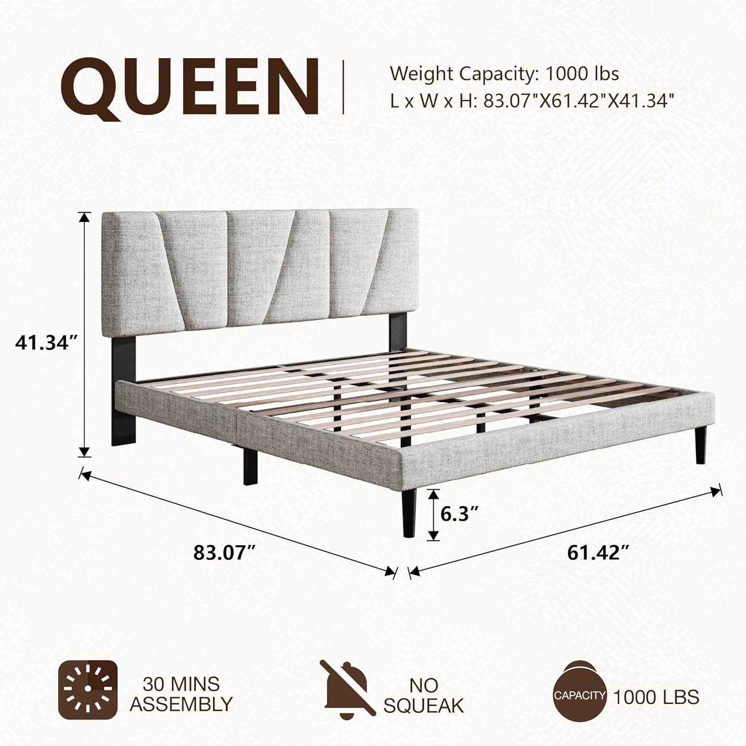 Queen Size Bed Frame, Linen Upholstered Platform Bed with Headboard, Strong Wooden Slats Support, Noise-Free Mattress Foundation, No Box Spring Needed, Easy Assembly, Gray