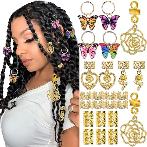 VENOFEN 30 piezas de joyas doradas para el cabello para trenzas, trenzas de mariposa, clips de metal para el cabello, anillos, rosas, abalorios de