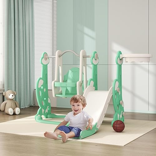 Miniatura 2 de Qaba Juego de tobogán y columpio 4 en 1 para niños de 1.5 a 4 años, juego para niños pequeños con escalador, aro de baloncesto, temática de cohete,