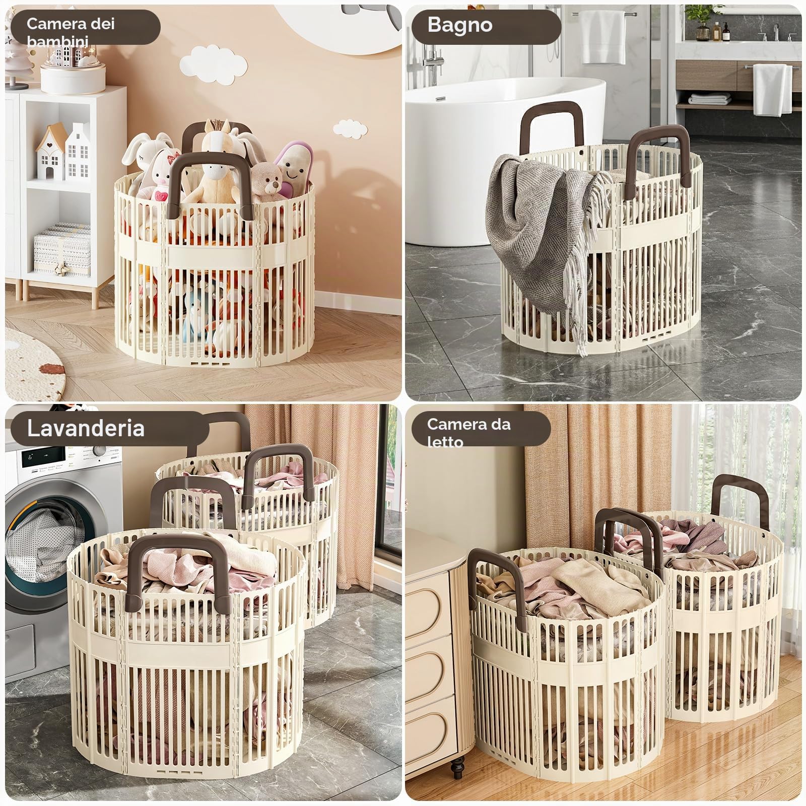 PAVSTINE Cesto Portabiancheria Pieghevole Grande, Portabiancheria Plastica | 43L Cesto Biancheria Sporca con Manici Salvaspazio, Collapsible Laundry Basket per Bagno, Lavanderia, Beige