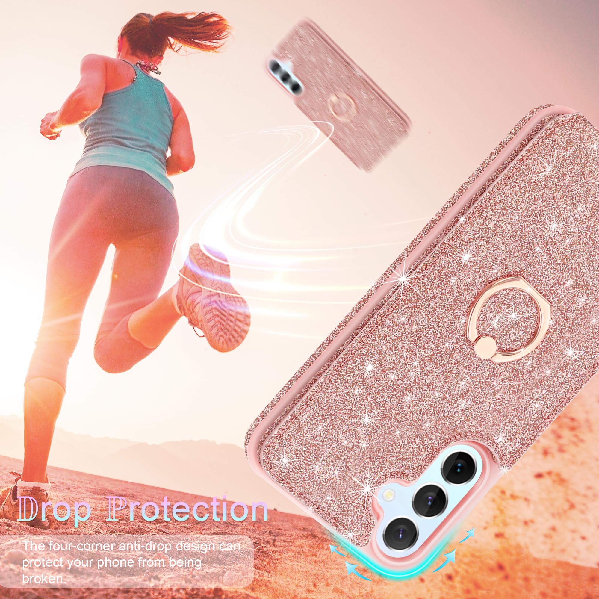 Casewind for Samsung Galaxy A15 5G Case Wallet with [Screen Protector + Camera Lens Protector] [RFID Blocking Card Holder & 360°Ring Stand] Bling Flip Shockproof Samsung A15 Phone Case Cover,Rose Gold