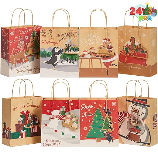 JOYIN 24 PCS Christmas Gift Bags 7" x 9" x 3.5" Kraft Paper Bags Set with Handles, Gift Tags and Threads for Xmas Holiday Party, Classroom Holiday Party Favors