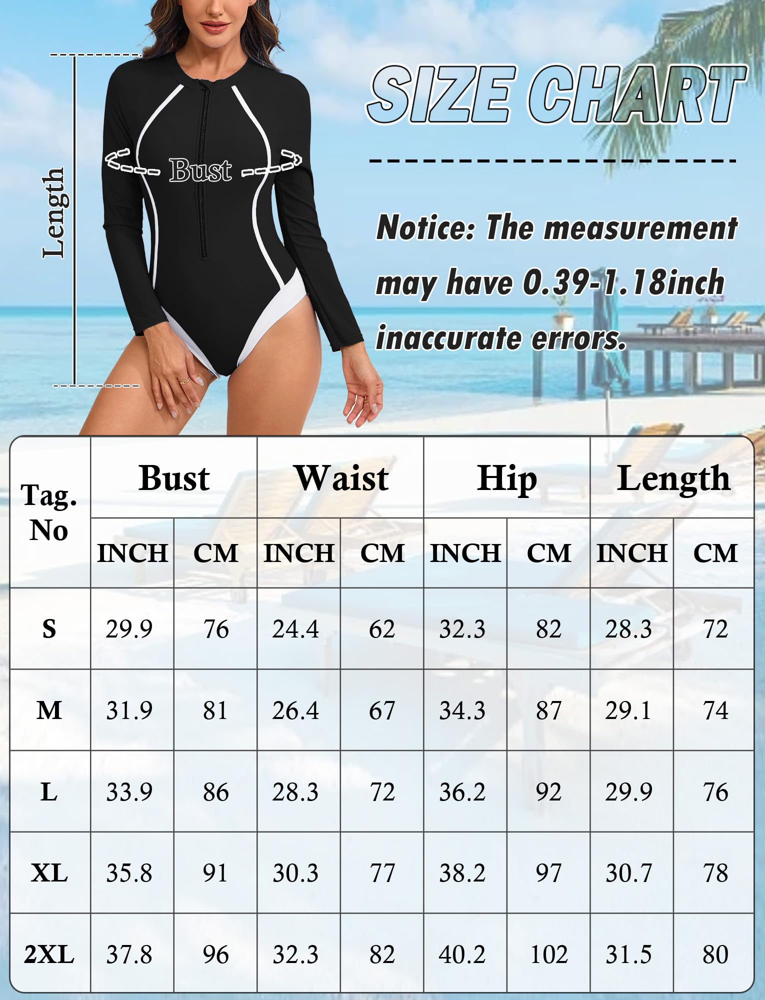 FEOYA Costume da bagno da donna a maniche lunghe con chiusura lampo sul davanti, costume da bagno intero da surf, taglia unica