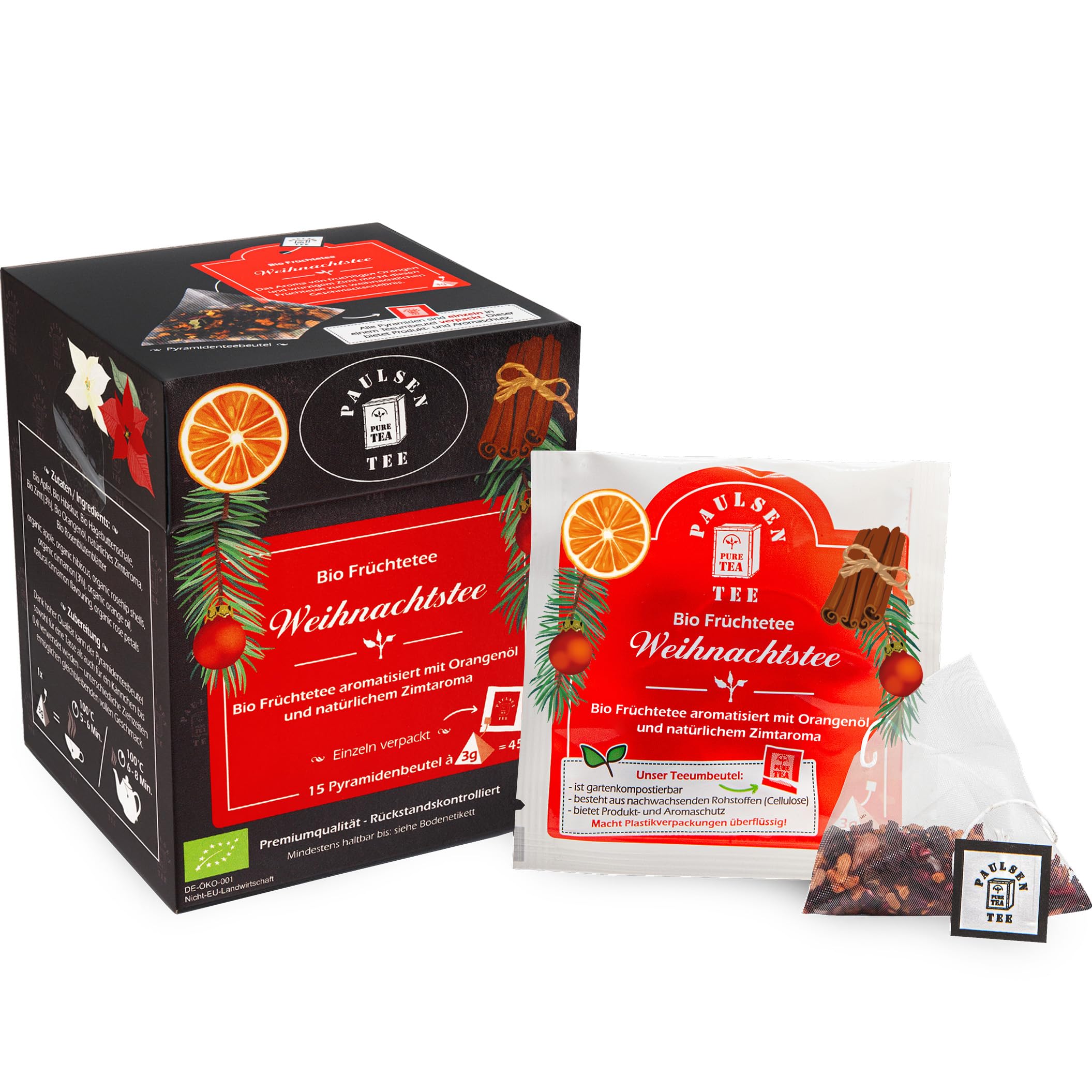 Paulsen - Bio Weihnachtstee - Früchtetee - im Pyramidenbeutel, einzeln kuvertiert - 15 x 3 g pro Faltschachtel- 45g (12er-Pack)