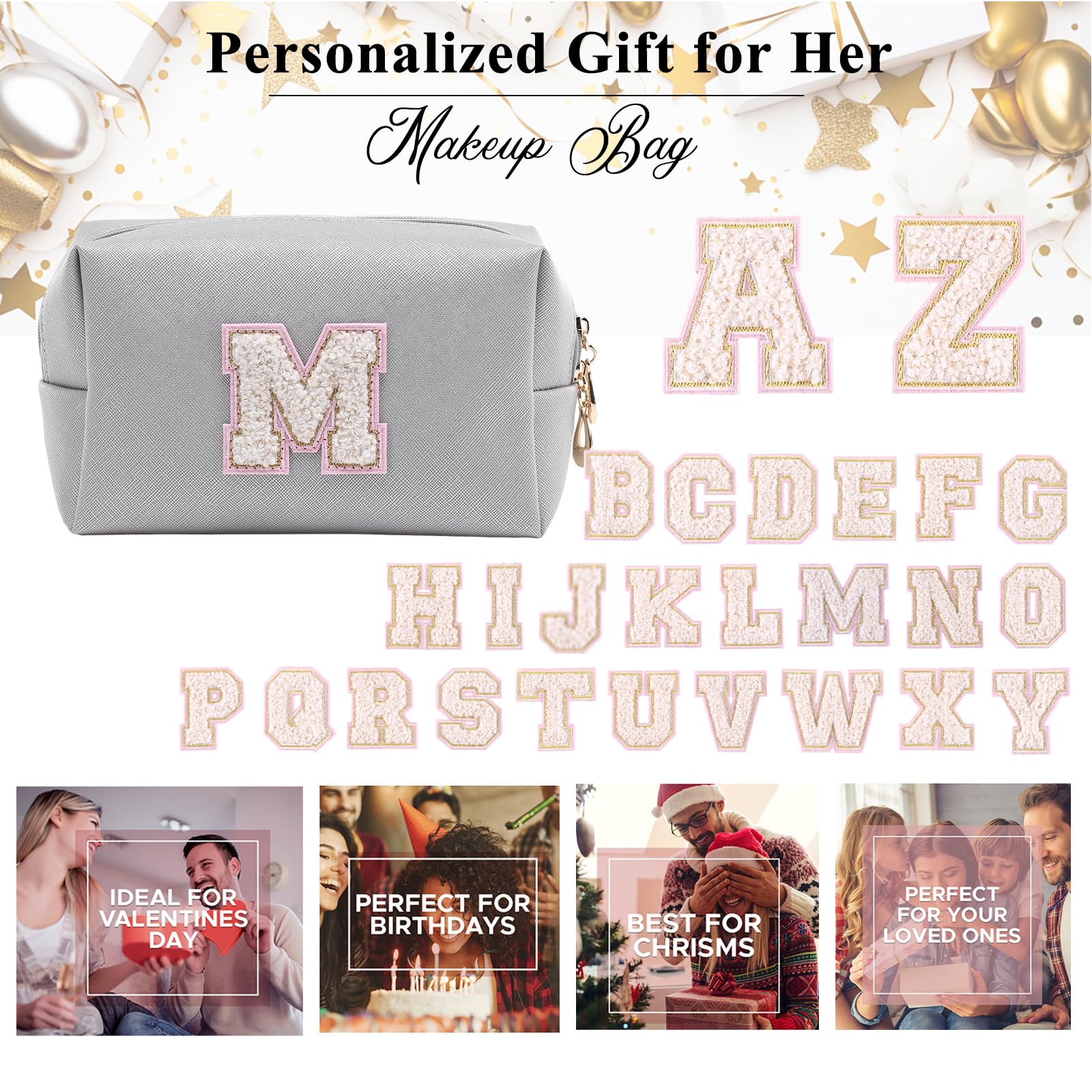 Personalized Makeup Bag,Waterproof Travel Makeup Pouch Cosmetic Bag Birthday Gift for Women Mom，Bride Bridesmaid Cosmetic Bag A-Z — view 125