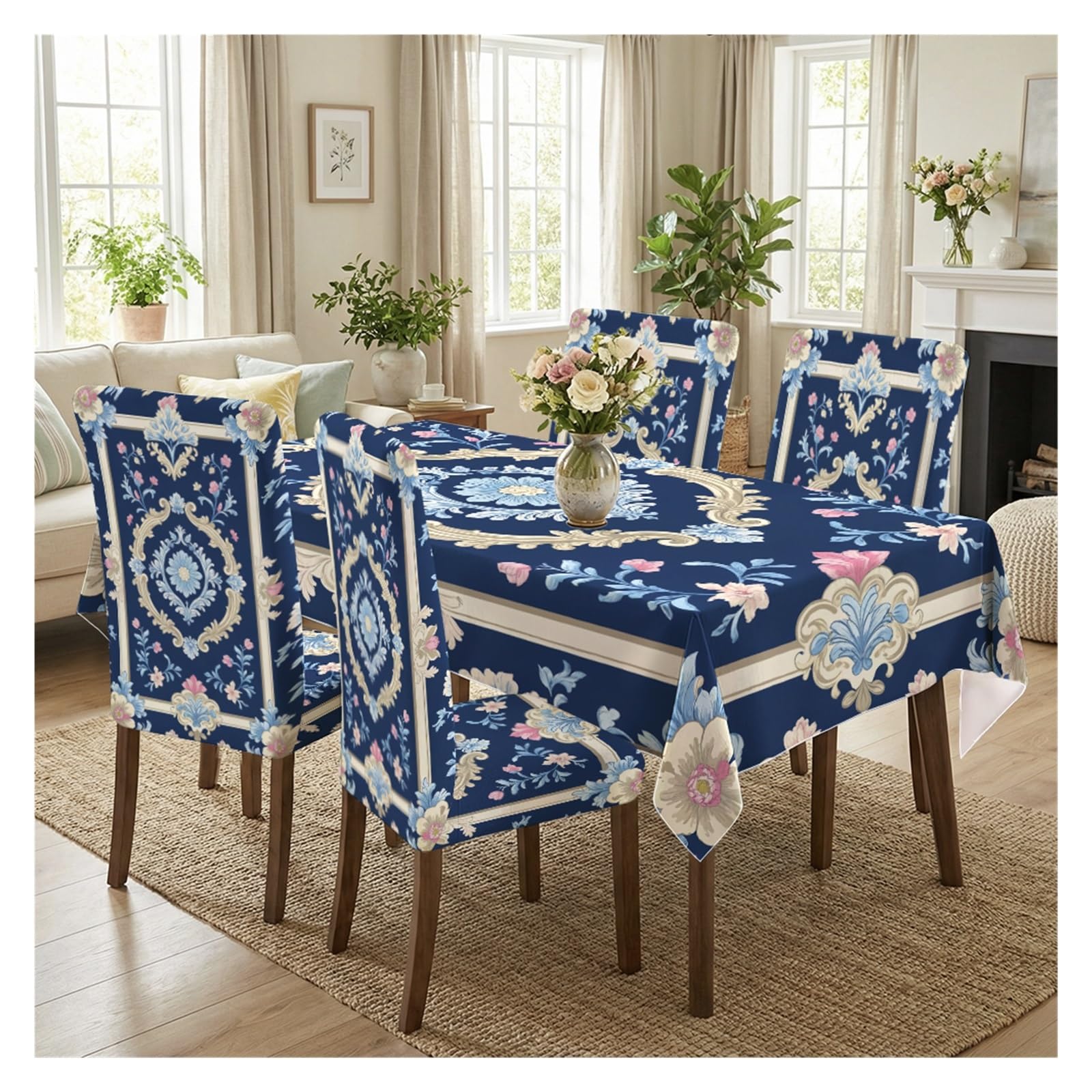 KXUAUV Navy Blue Baroque Floral Print Stretch Dining Chair Covers Tablecloth Set, For Kitchen Dining Living Room Farmhouse Decor, 5/7 Pack Party Decor(5pcs Set: Tablecloth+Chair Covers)