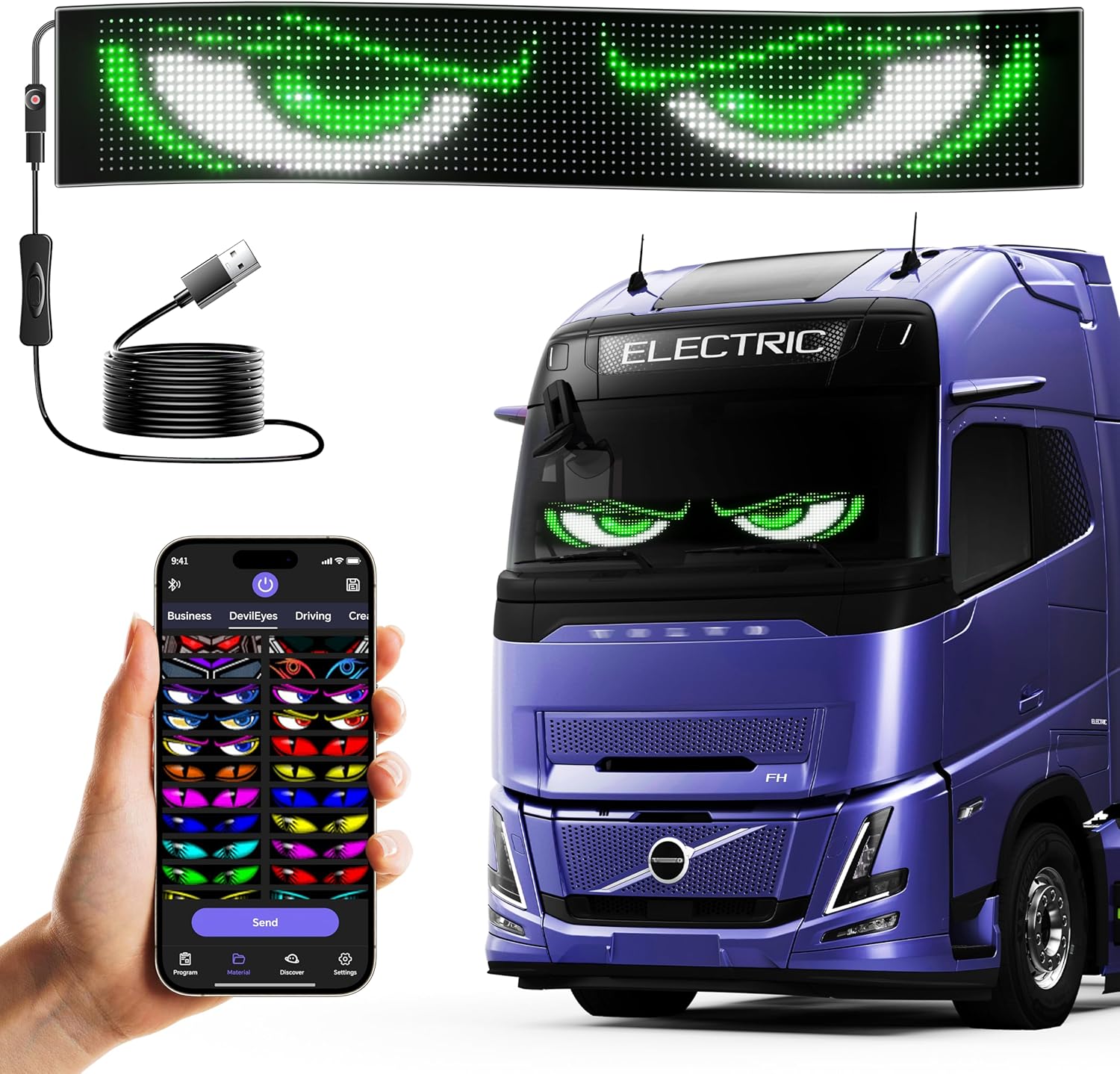 LED Sign for Car Devil's Eyes Light for Windshield APP Control Scrolling Display Custom Sign DIY Programmable Flexible USB 5V LED Name Sign for Window Ads (23 * 5in)