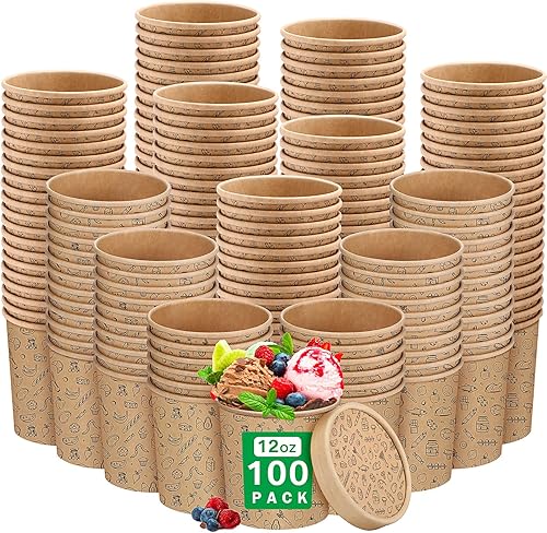 Irenare 100 recipientes de sopa de 12 onzas con tapas ventiladas, recipientes de papel kraft para alimentos, tazas de helado con tapas, cuencos de