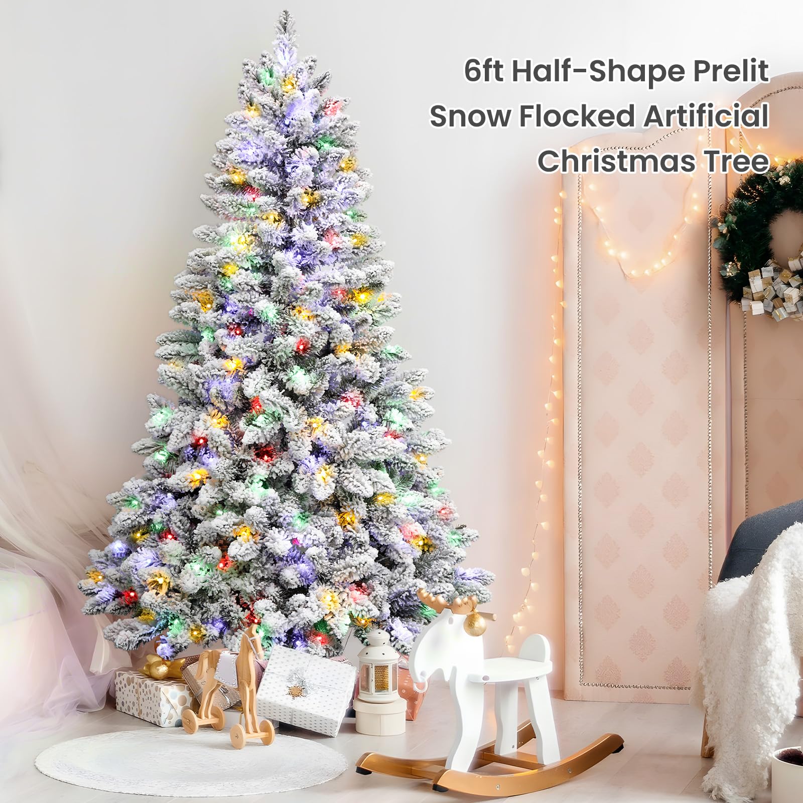 Alupssuc 6ft Half Prelit Snow Flocked Artificial Christmas Tree with