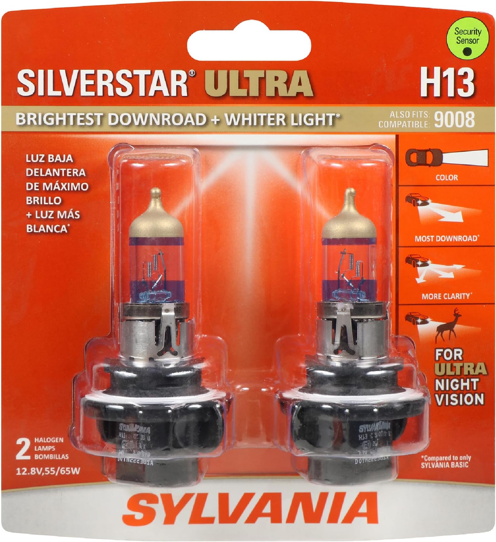SYLVANIA - H13 SilverStar Ultra - High Performance Halogen Headlight Bulb, High Beam, Low Beam and Fog Replacement Bulb, Brightest Downroad with Whiter Light, Tri-Band Technology (Contains 2 Bulbs)