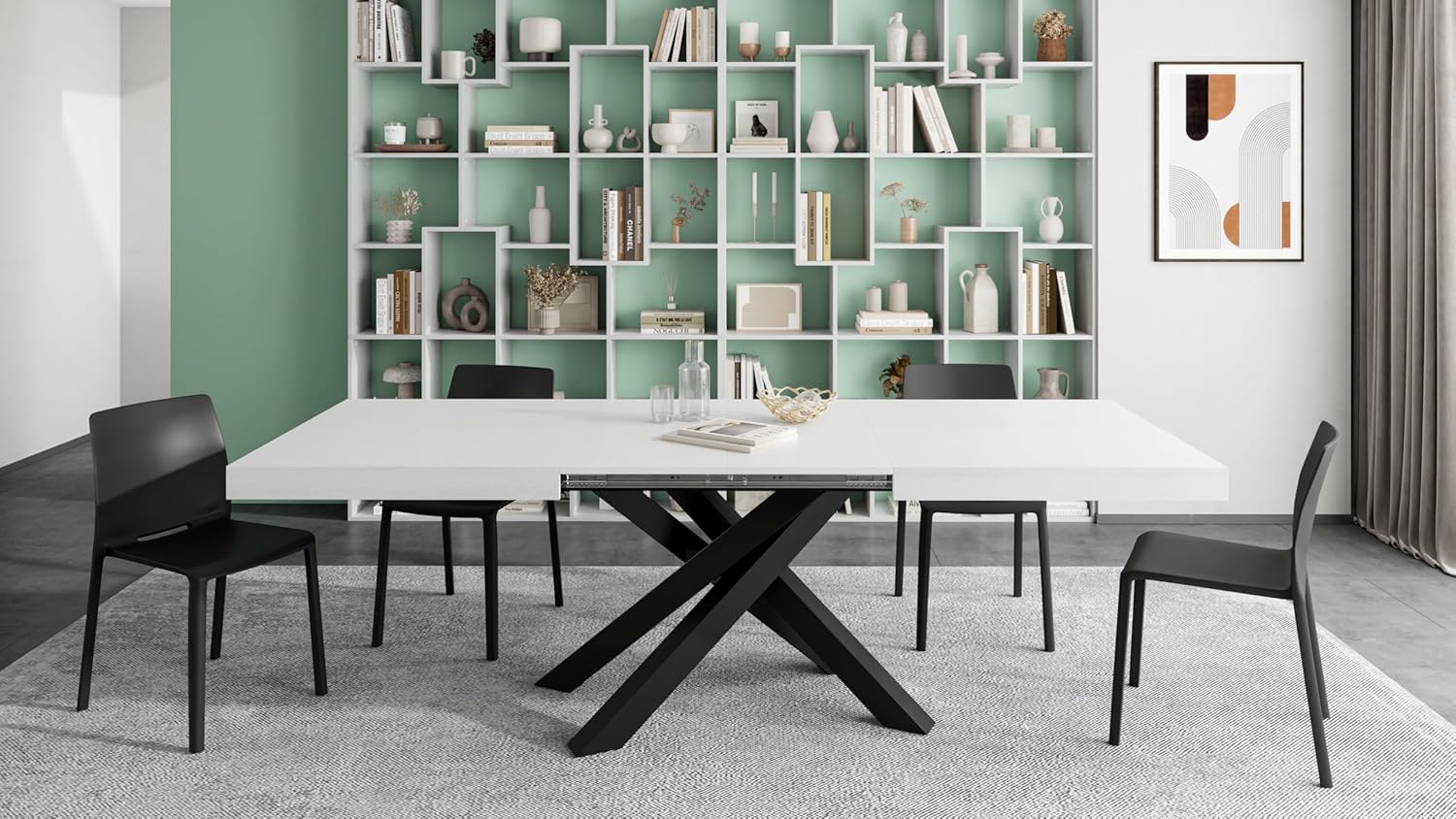 Mobili Fiver, Emma 55.11(86.6) x35.4 in Extendable Table, Ashwood White with Black Crossed Legs, for 6-10 People, Expandable Dining Table for Kitchen, Living Room, Italian Furniture