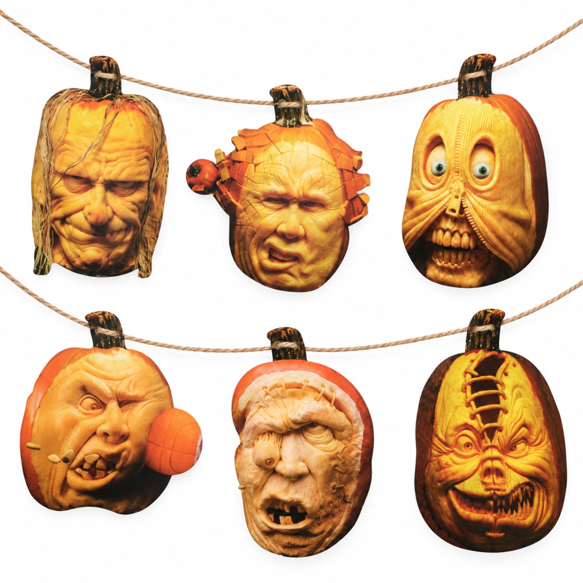 6Pcs Pumpkin Faces Halloween Garland, 12ft Hanging Party Bunting Decor | Assorted Pumpkin Face Expressions, Hanging String, for Halloween Walls, Doorways, Windows, Backdrops & Haunted House Displays