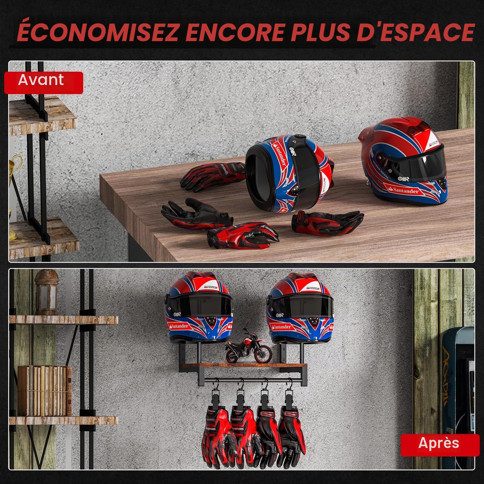 Porte Casque Moto Mural 2 Casques 4 Crochets Rangement Polyvalent Planches en Bois Marron Foncé