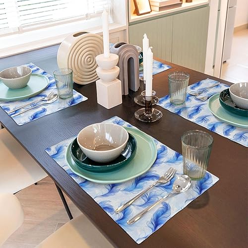 Miniatura 6 de Dining Table Placemats Set of 4-12x18 Inch Blue Feather Print Faux Linen Double Heat Resistant Place Mats, Kitchen Table Mats, Wipeable Washable