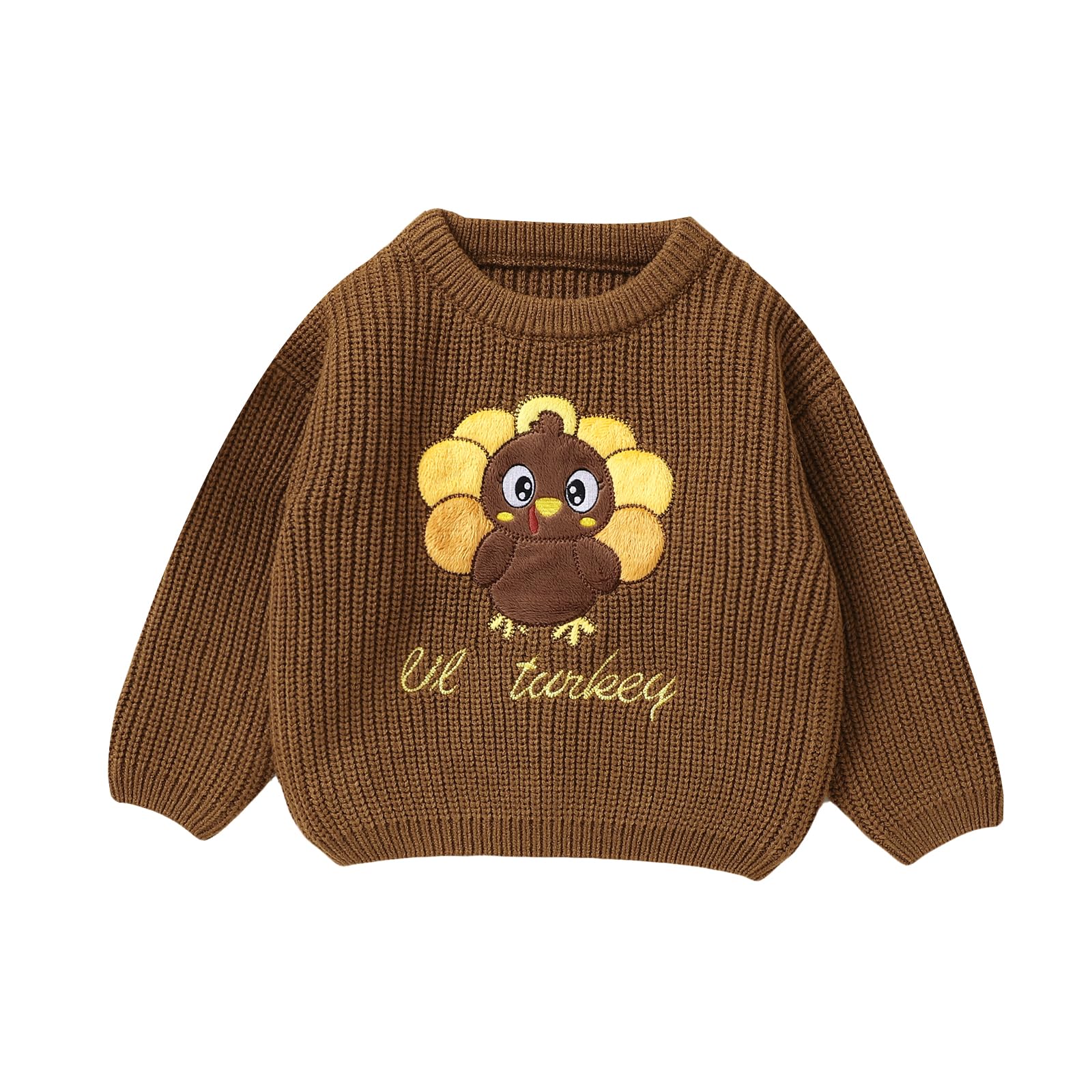 Baby Thanksgiving Sweaters Long Sleeve Little Turkey Embroidery Knit Tops Toddler Thanksgiving Sweatshirts (Brown, 18-24 Months)