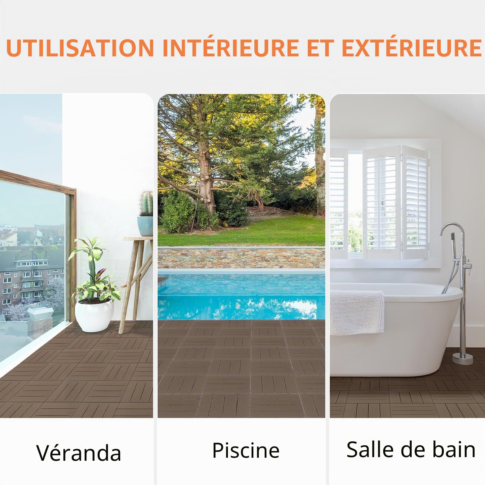 LEADZM Lot de 27 Dalles clipsables exterieur Caillebotis imitation bois, Matériau WPC, dalle terrasse exterieur, Convient pour les terrasses, balcons, vérandas, abris de jardin, etc.