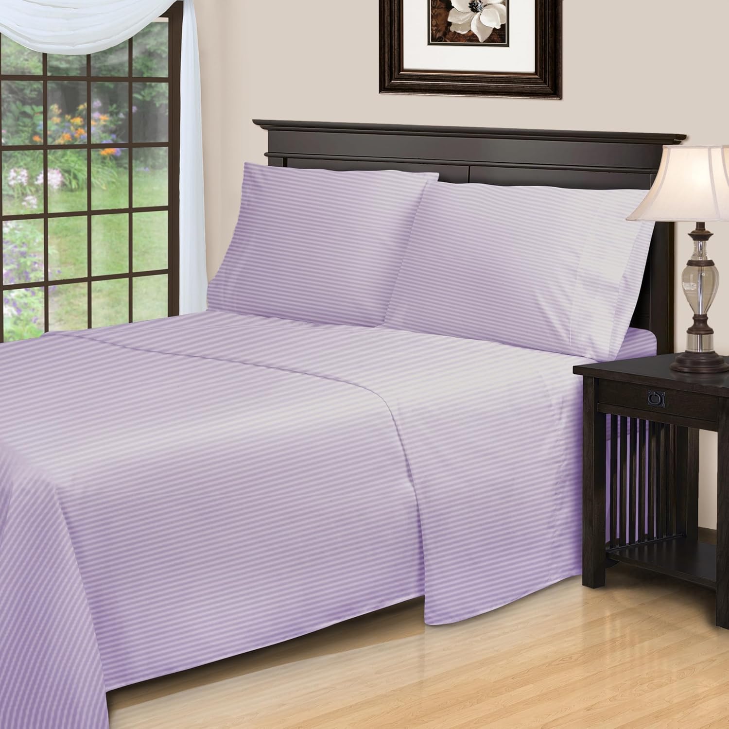 Superior Egyptian Cotton 300 Thread Count Bed Sheet Set, 1 Elastic Deep Pocket Fitted Sheet, 1 Flat Sheet, 1 Pillowcase, Daily Sheets, Luxury Home Essentials, Striped, Twin, Lavender
