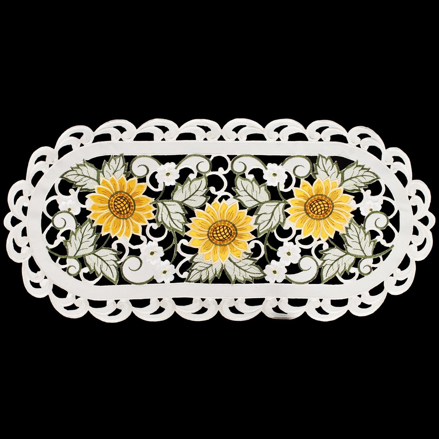 Embroidered Open Weave Sunflower and White Daisy on Ivory Table Runner, Dresser Scarf, Coffee Table Doily (14Wx27L)