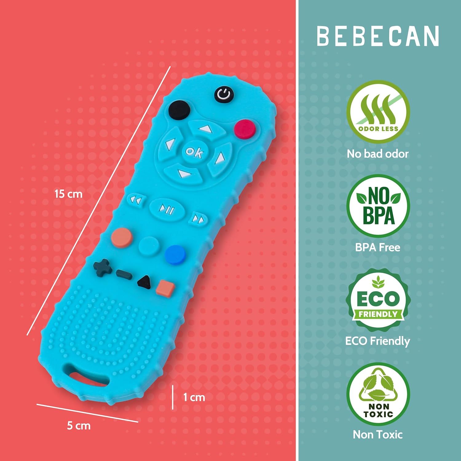 BEBECAN Teether Remote Control for Baby – Remote Toy for Infants and Toddlers 3 6 9 12 18 24 Months, Safe BPA-Free Soft Silicone Baby Chew Remote (Blue)