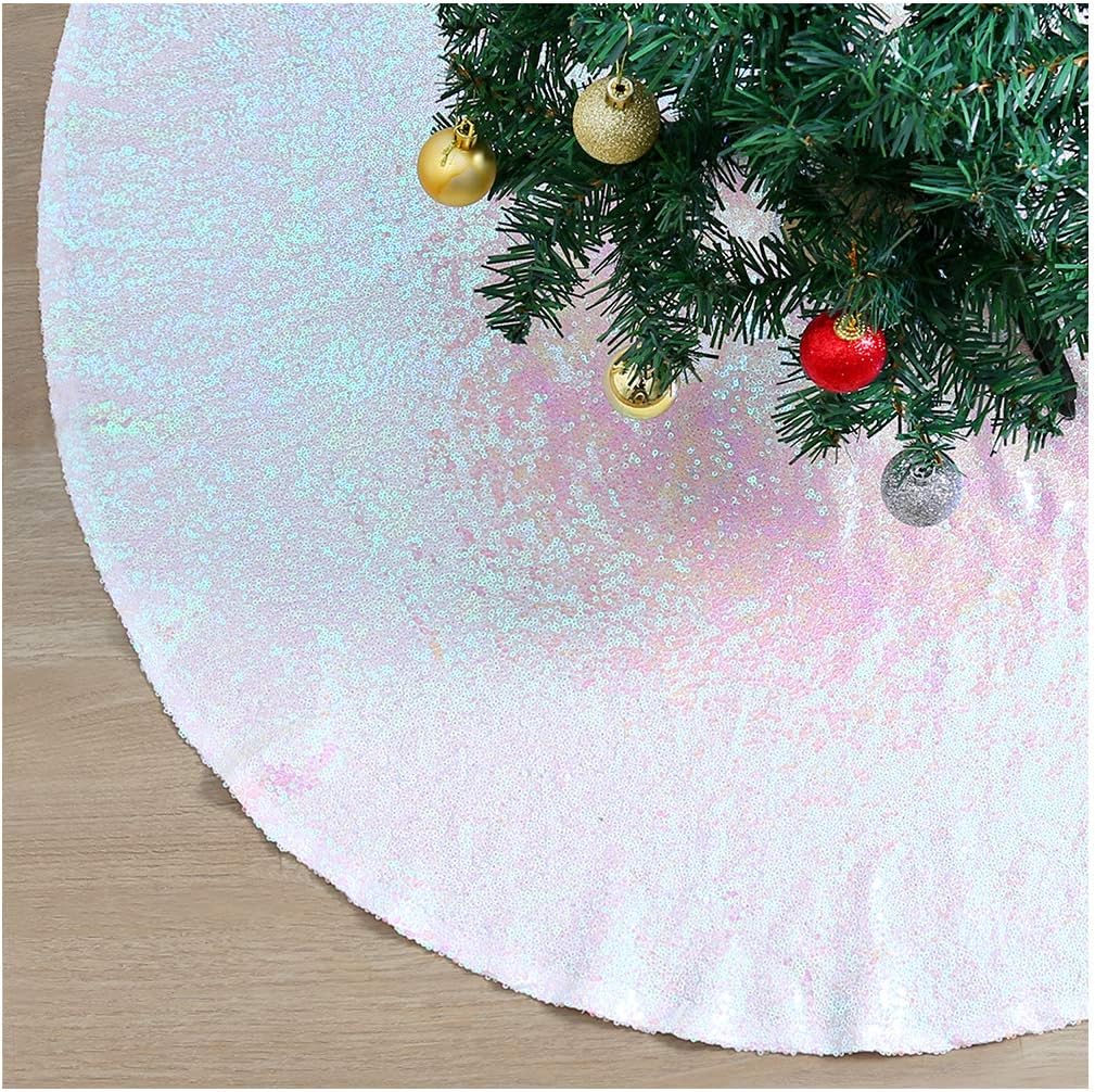 QueenDream Sparkly Embroidery Tree Skirt White Iridescent Tree Skirt Sequin Fabric Tree Skirt for Christmas Holiday Party 48 Inches