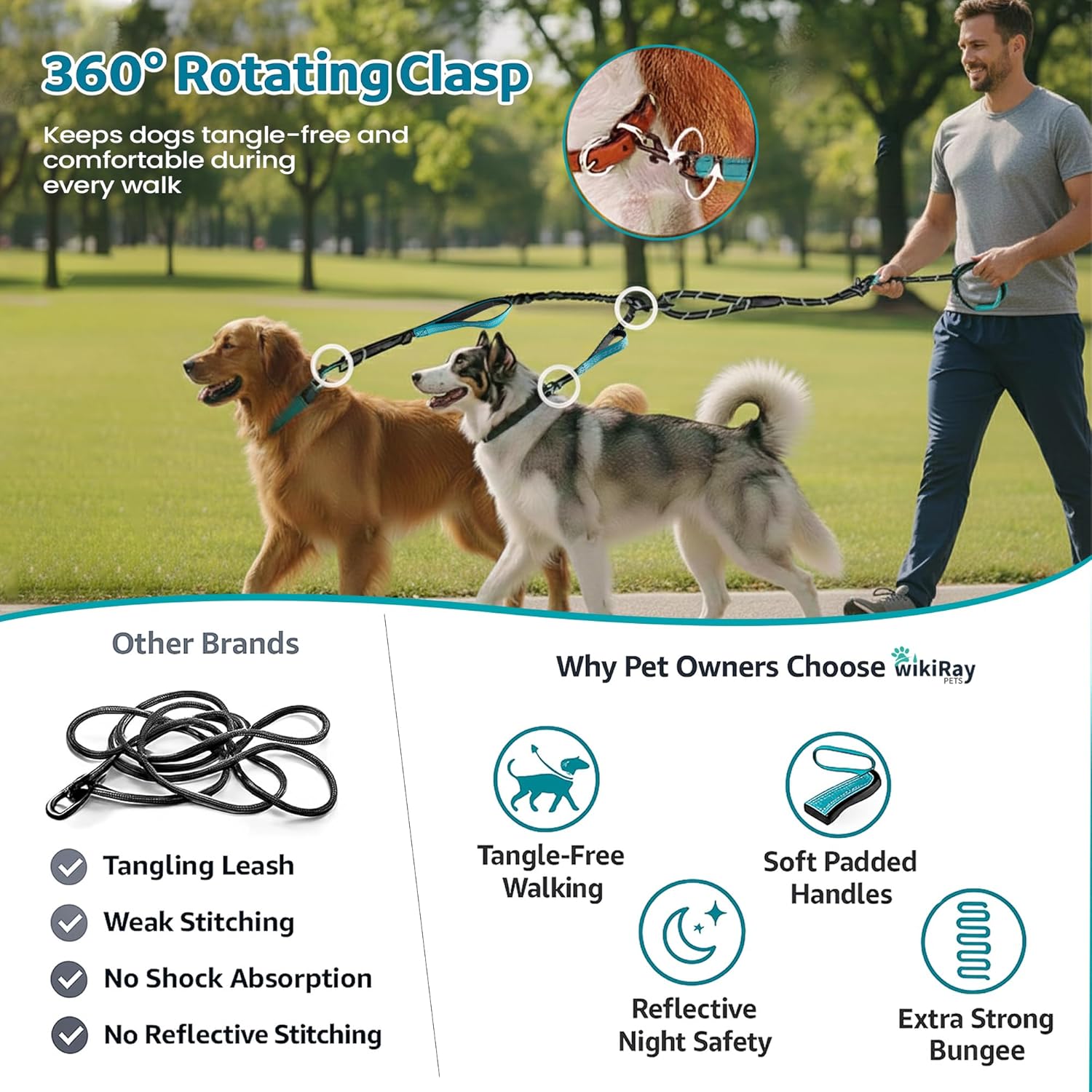 wikiRay Double Dog Leash Coupler – Heavy Duty, No Tangle Dual Dogs Lead Splitter with Reflective Stitching and Padded Handle – Two Dogs Leash for Walking (Sea Green)
