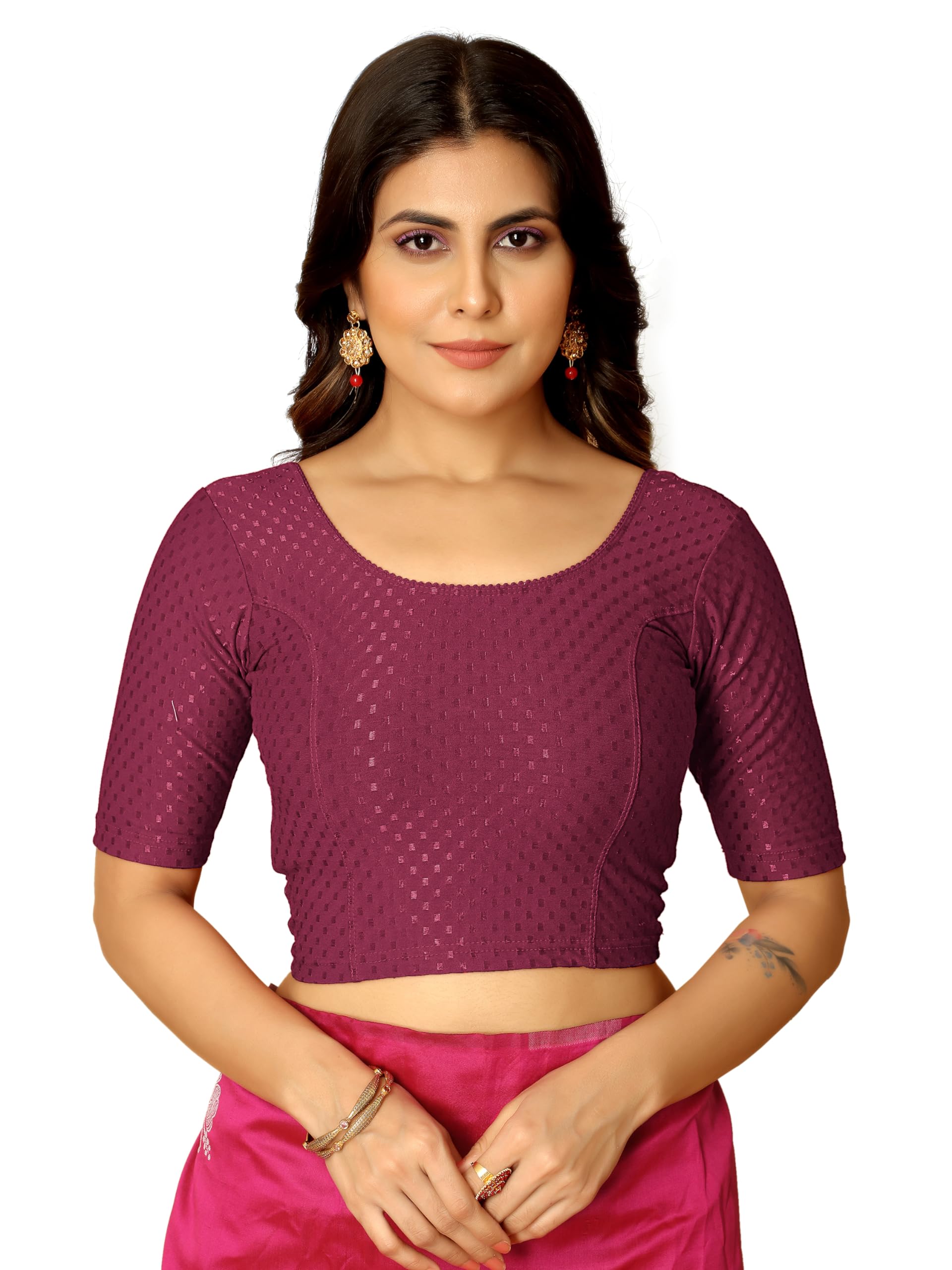 Amazon Brand - Anarva Round Neck Dobby Cotton Lycra Stretchable Elbow Half Sleeve Readymade Saree Blouse for Women Stylish