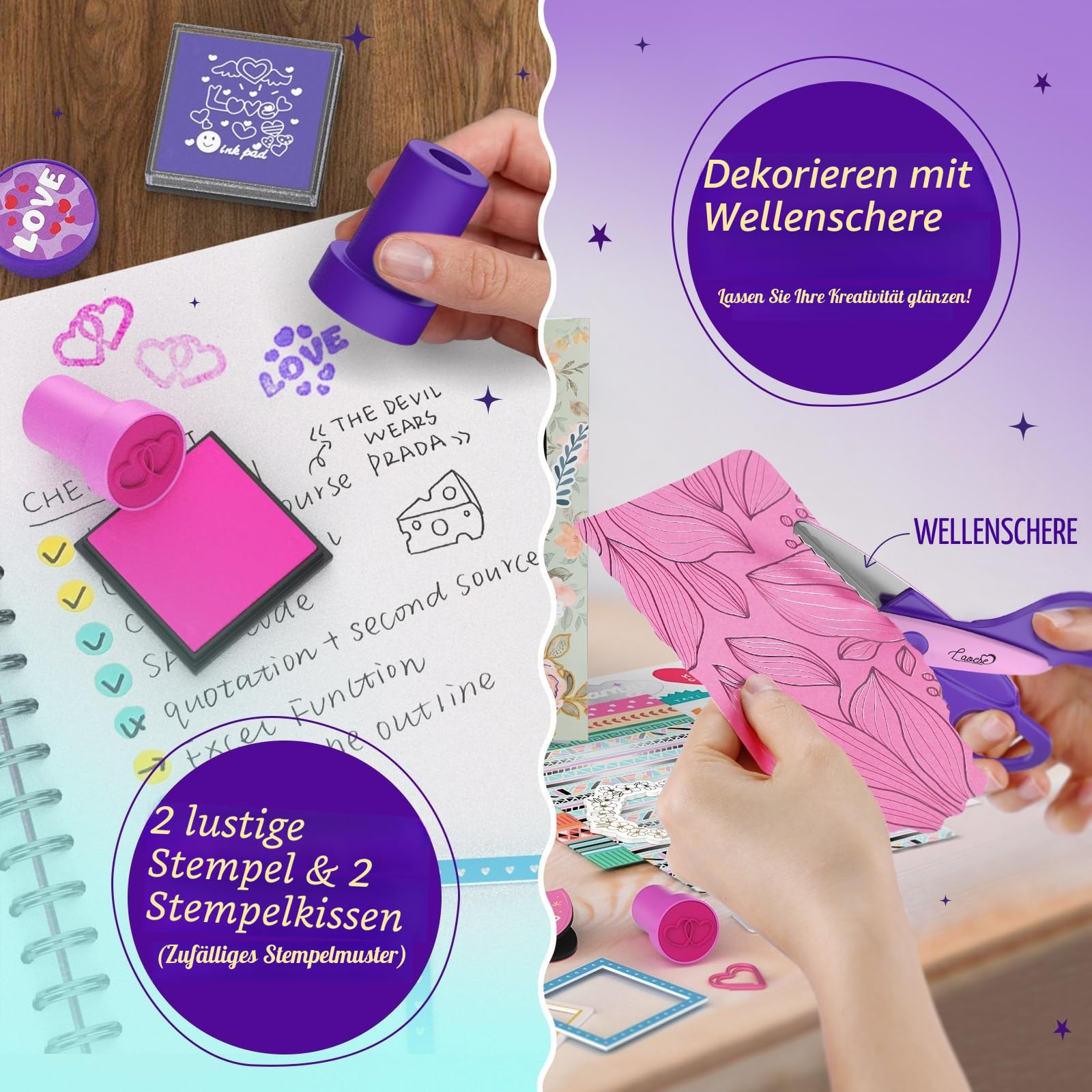 2er-Pack DIY Tagebuch Set, Geschenk Teenager Mädchen im Alter von 8 9 10 11 12 13 14 Jahren, Schreibwaren und Scrapbook Set, Basteln Mädchen 8-14 Jahre, Geburtstag & Weihnachten Geschenke für Kinder