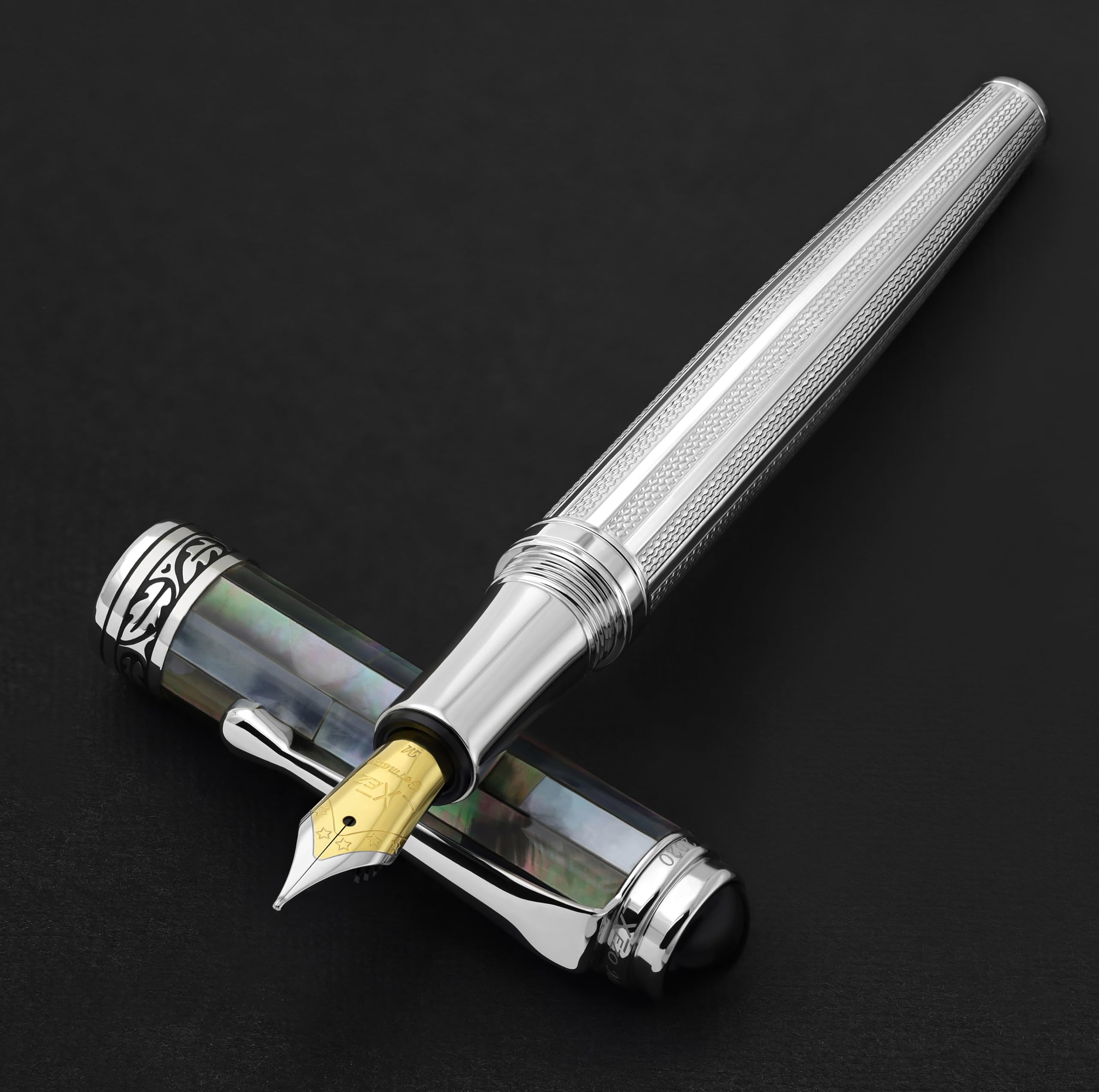 Xezo Maestro Fountain Pen, Medium Nib. Solid 925 Sterling Silver with Black Mother of Pearl. Platinum Plated Parts. Handcrafted, Limited Edition, Serialized