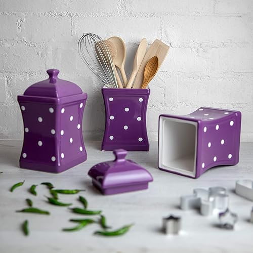 Miniatura 2 de City to Cottage Juego de 3 tarros de almacenamiento de cerámica de 31.5 onzas (30.4 fl oz) con lunares morados y blancos hechos a mano, recipientes