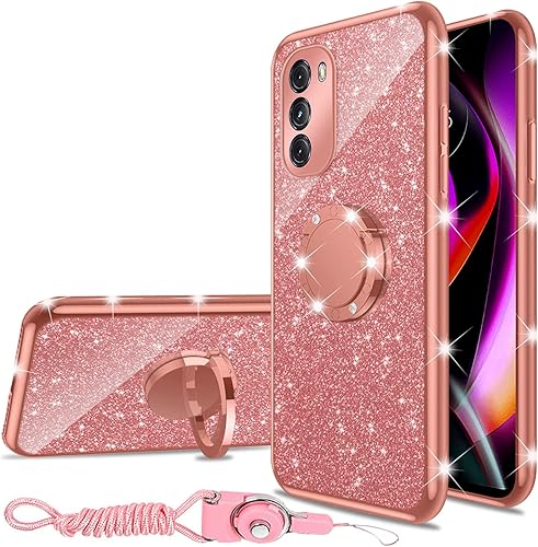 nancheng Funda para Motorola Moto G-5G 2022, linda funda de TPU suave con purpurina para niñas y mujeres, con anillo, correa de soporte, cordón,