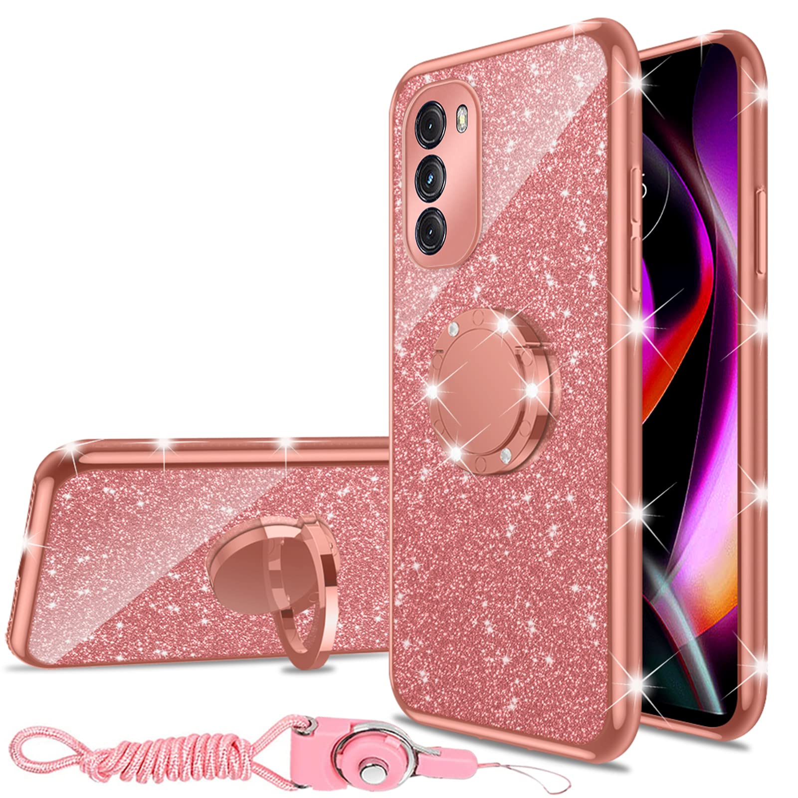 nancheng for Motorola Moto G-5G 2022 Case Cute Girls Women Glitter Soft TPU Cover with Ring Kickstand Strap Lanyard Bumper Shockproof Protective Cell