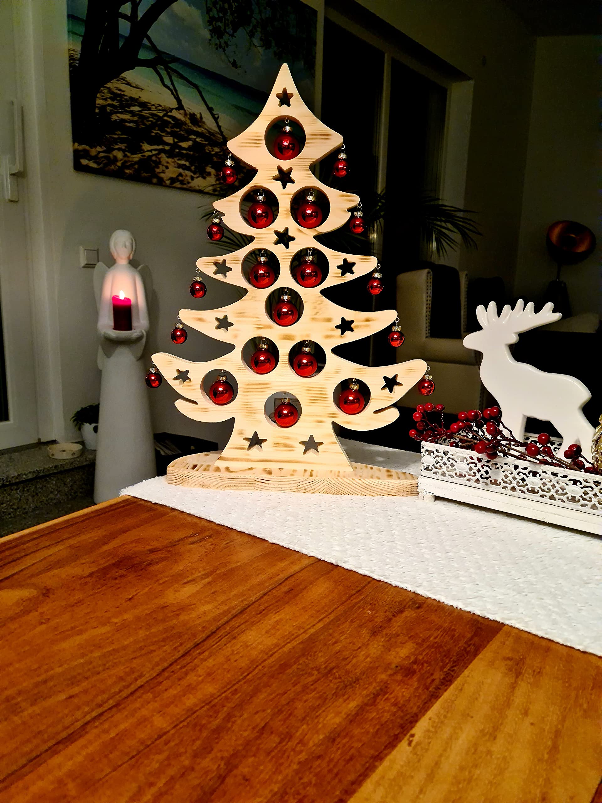 Sapin de Noël en bois grand – Décoration de sapin de Noël à poser sur table avec 21 boules de Noël. Décoration de Noël en bois à poser. Alternative au sapin de Noël