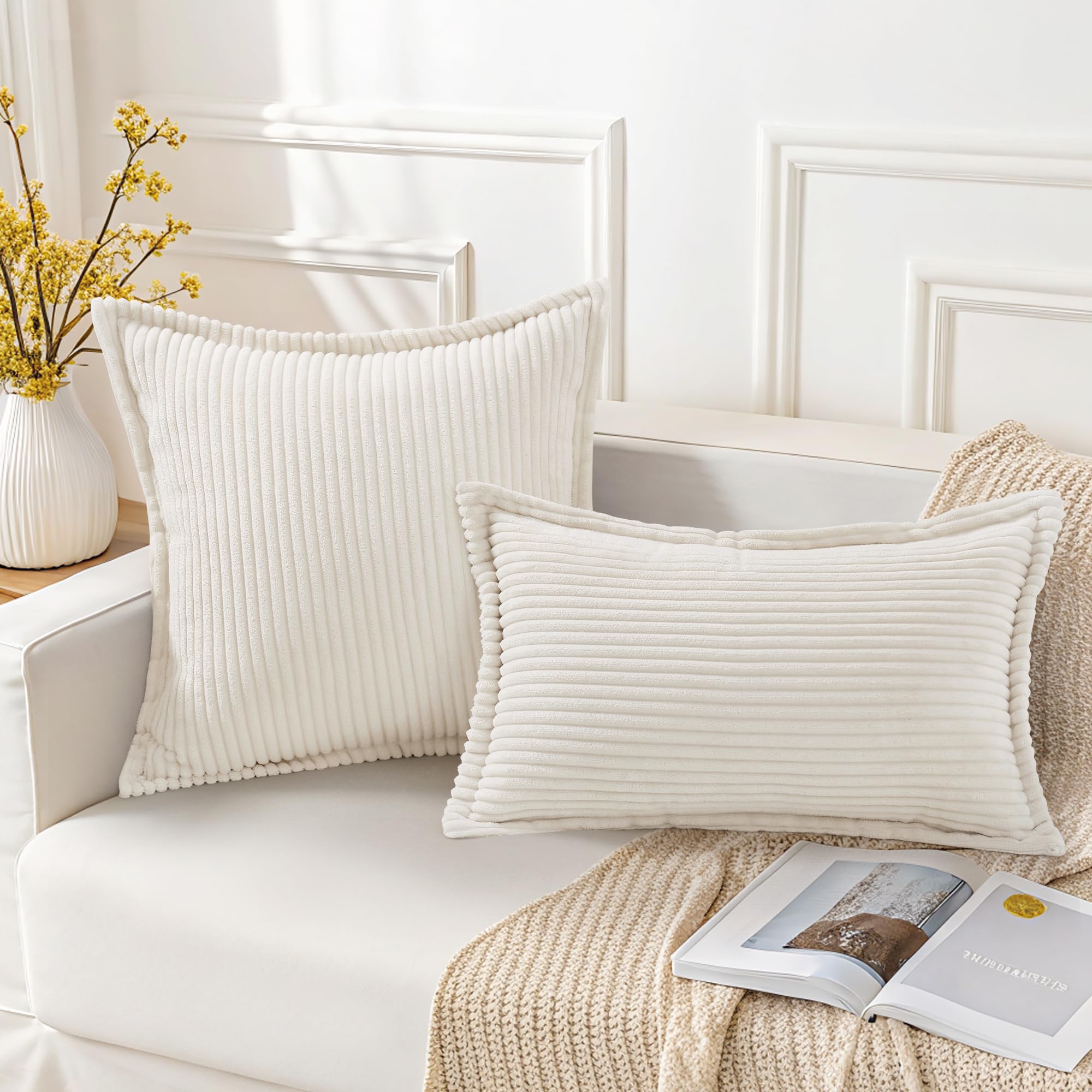 Mecatny Corduroy Pillow Covers 18x18 Inch Set of 2, Striped Decorative Square Throw Pillow Covers with Wide Border for Couch Living Room Bed, Cream White