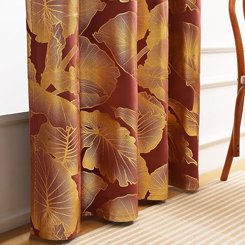 Miniatura 5 de Tootop Cortinas opacas de terciopelo naranja quemado, hojas con estampado de hojas doradas con purpurina y patrón botánico de selva tropical de