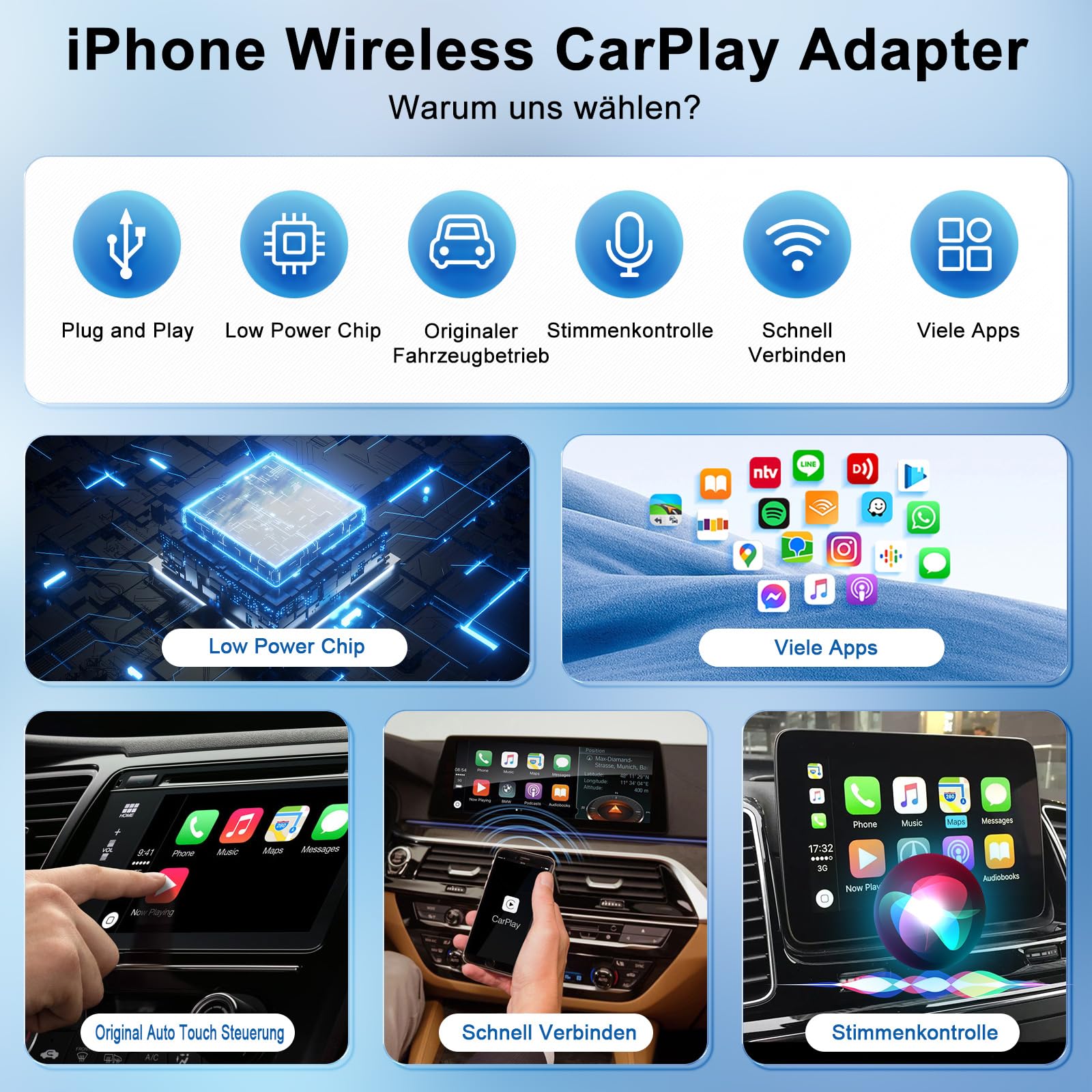 CarPlay Wireless Adapter, Wireless CarPlay Adapter für iPhone, Superschnelle Upgrade von Wired auf Wireless, Kompatibel mit iPhone iOS 11+ und Autos mit Wired CarPlay