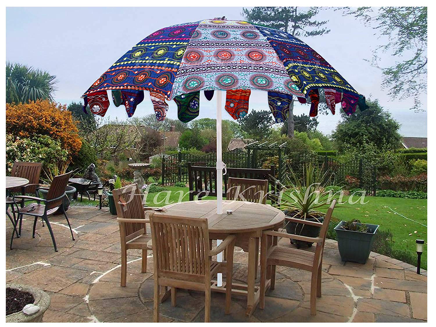 Indian Rangoli Garden Rainbow Umbrella | Large Sun Shade Patio Mandala Parsol Umbrella | Handmade Cotton Outdoor Fabric Umbrella Decorative (Blue & Navy blue)