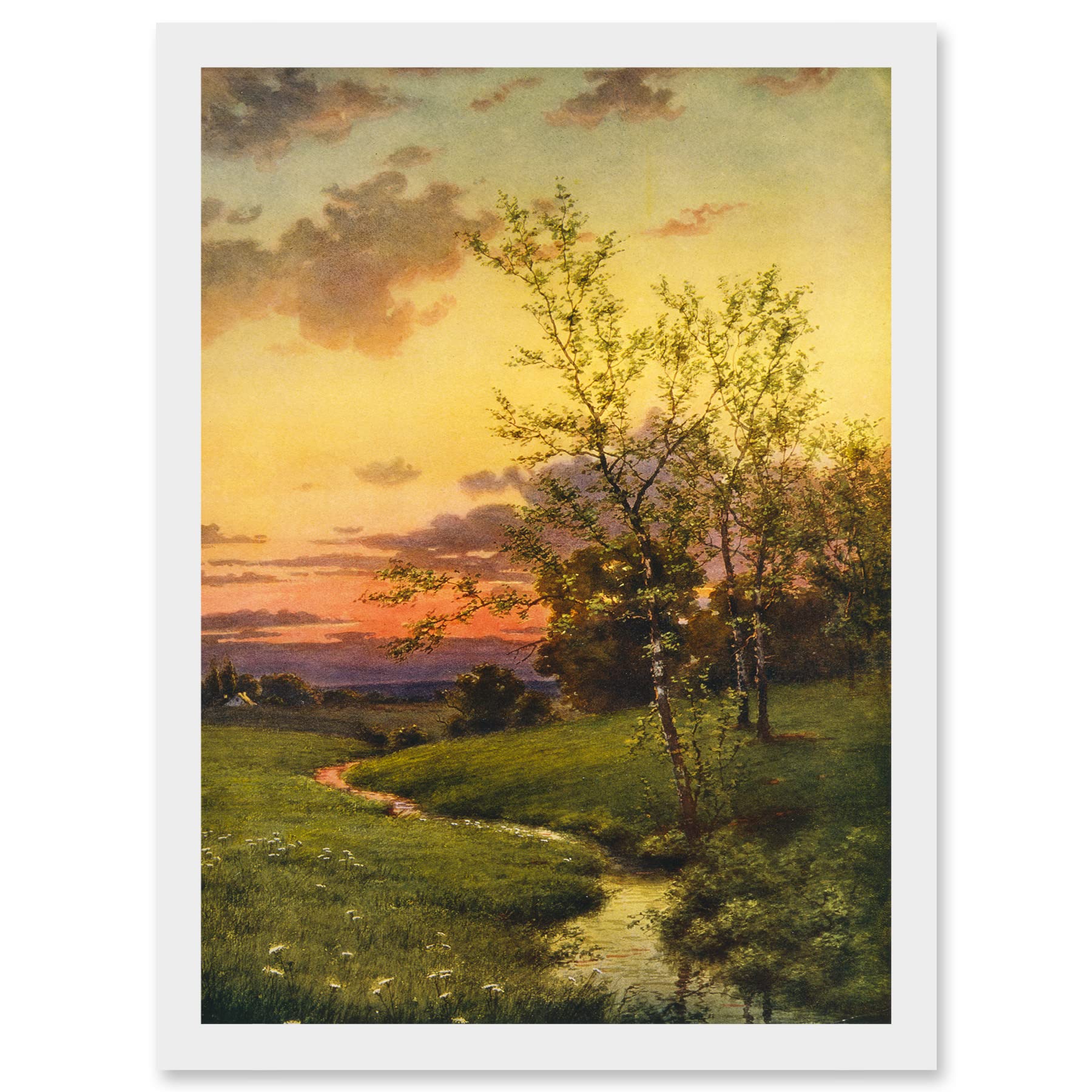 Artery8 Paintings Landscape Sunset Countryside Tree Meadow Brook Stream Artwork Framed Wall Art Print A4