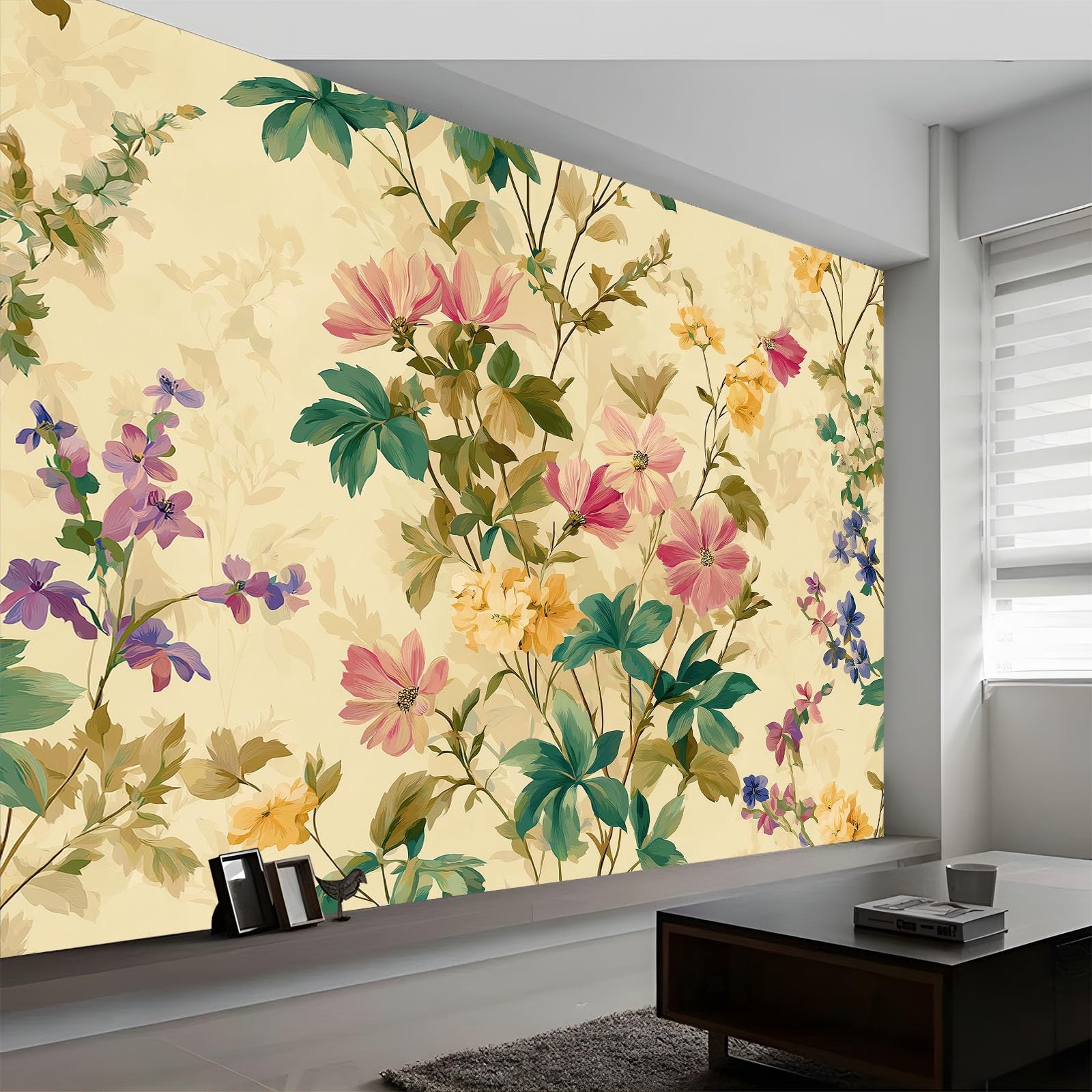 350 x 256 cm, fototapeta z włókniny, efekt 3D, retro, kwiatowa, elegancka fototapeta do salonu, sypialni, tapeta ścienna, kremowa