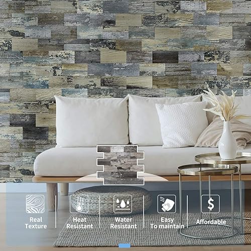 Miniatura 2 de Art3d Panel de madera rústica envejecida para despegar y pegar, paquete de 5 unidades de 13.5 x 11.4 pulgadas, para salpicaduras de cocina,