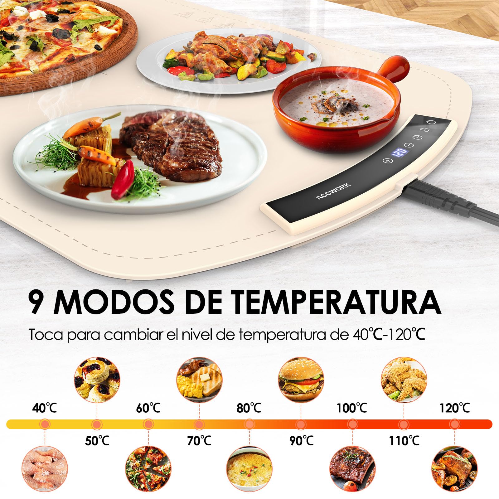 Bandeja Calentadora Eléctrica para Buffets y Fiestas, Alfombrilla Calentadora de Silicona para Alimentos con 9 Ajustes de Temperatura - Temporizador de 12 horas, Almacenamiento Enrollable