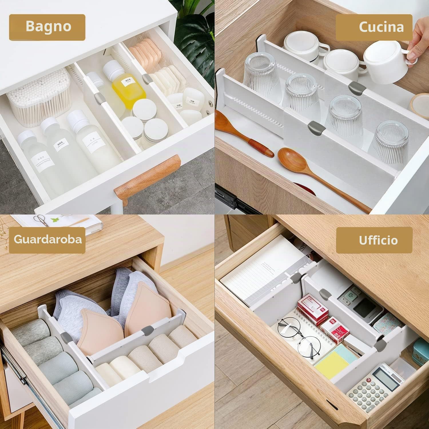 SENENQU Divisori per Cassetti 4 Pezzi Regolabili Bianchi 33,2-55 Cm | Separatori per Cassetti, Organizer Cucina, Bagno, Armadio e Intimo 12,7 cm in PP per Casa