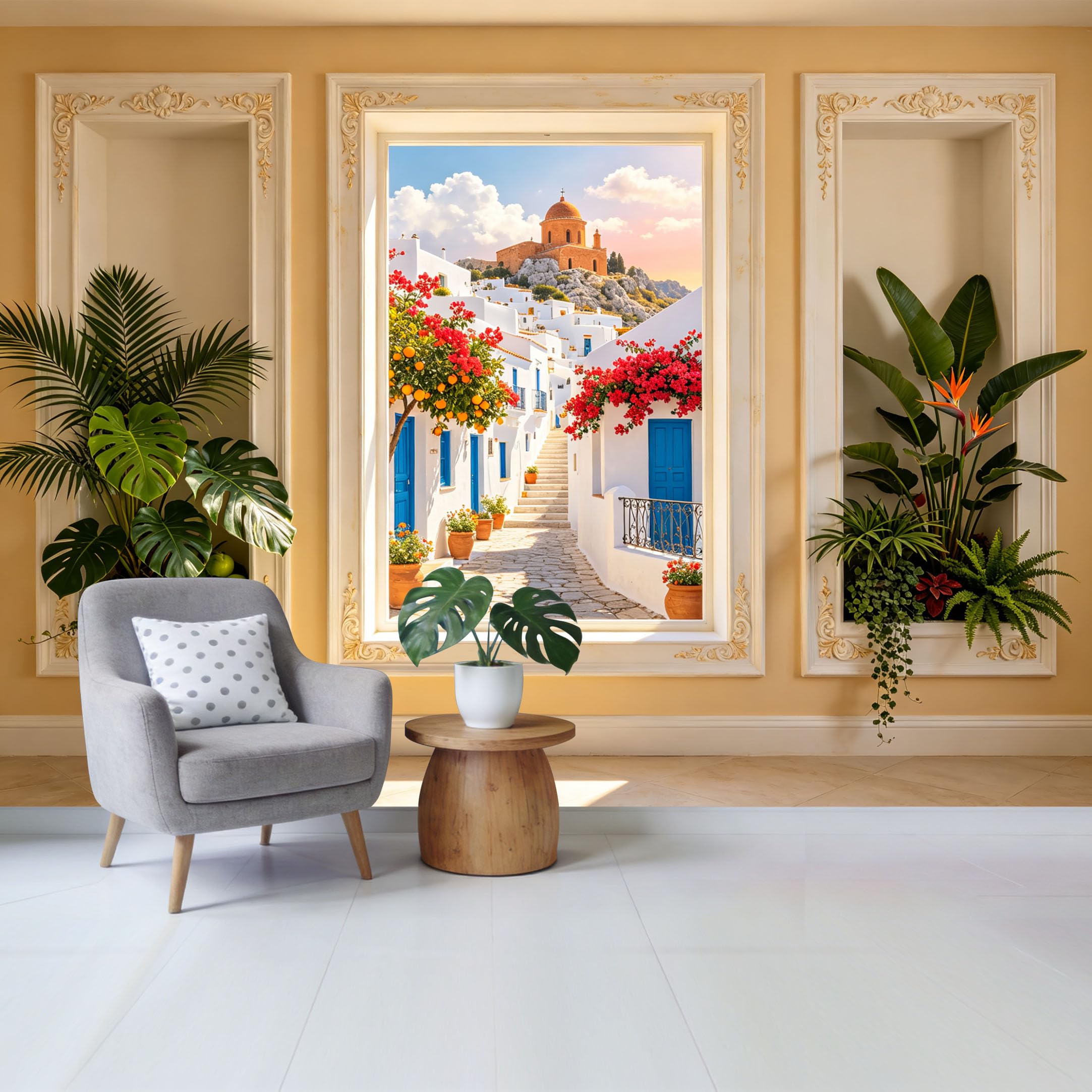 Custom Size Wall Mural Mediterranean Coastal Village Street with Bougainvillea Trees and Blue Door Landscape Removable Self Adhesive Fabric， Home Wall Decor for Living Room Bedroom Bathroom
