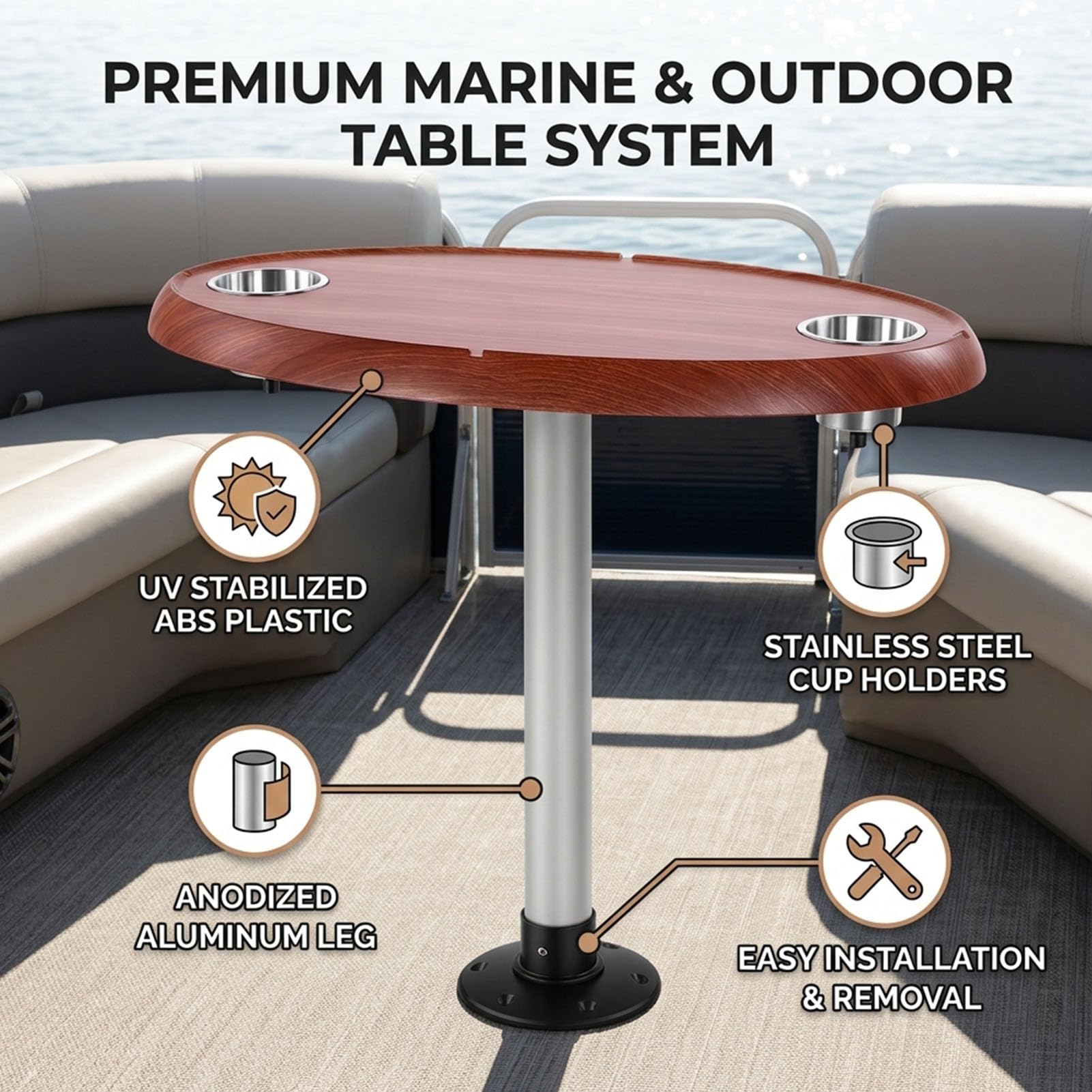 Tavolo per Pontone, ABS di Grado Marino 75x45 Cm con 2 Portabicchieri a Prova di Versamento Tavolo per Barca, per con Set di Gambe in Alluminio Rimovibili per Barche Yacht
