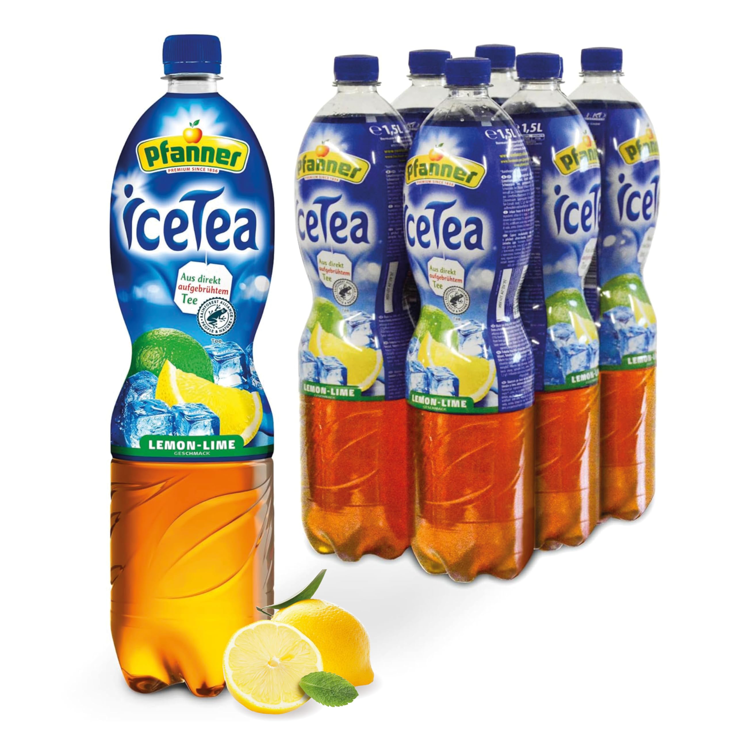 Pfanner Eistee Zitrone Vorratspack - 6 x 1,5 l PET-Flaschen - direkt aufgebrühter Tee mit Limetten- und Zitronensaft
