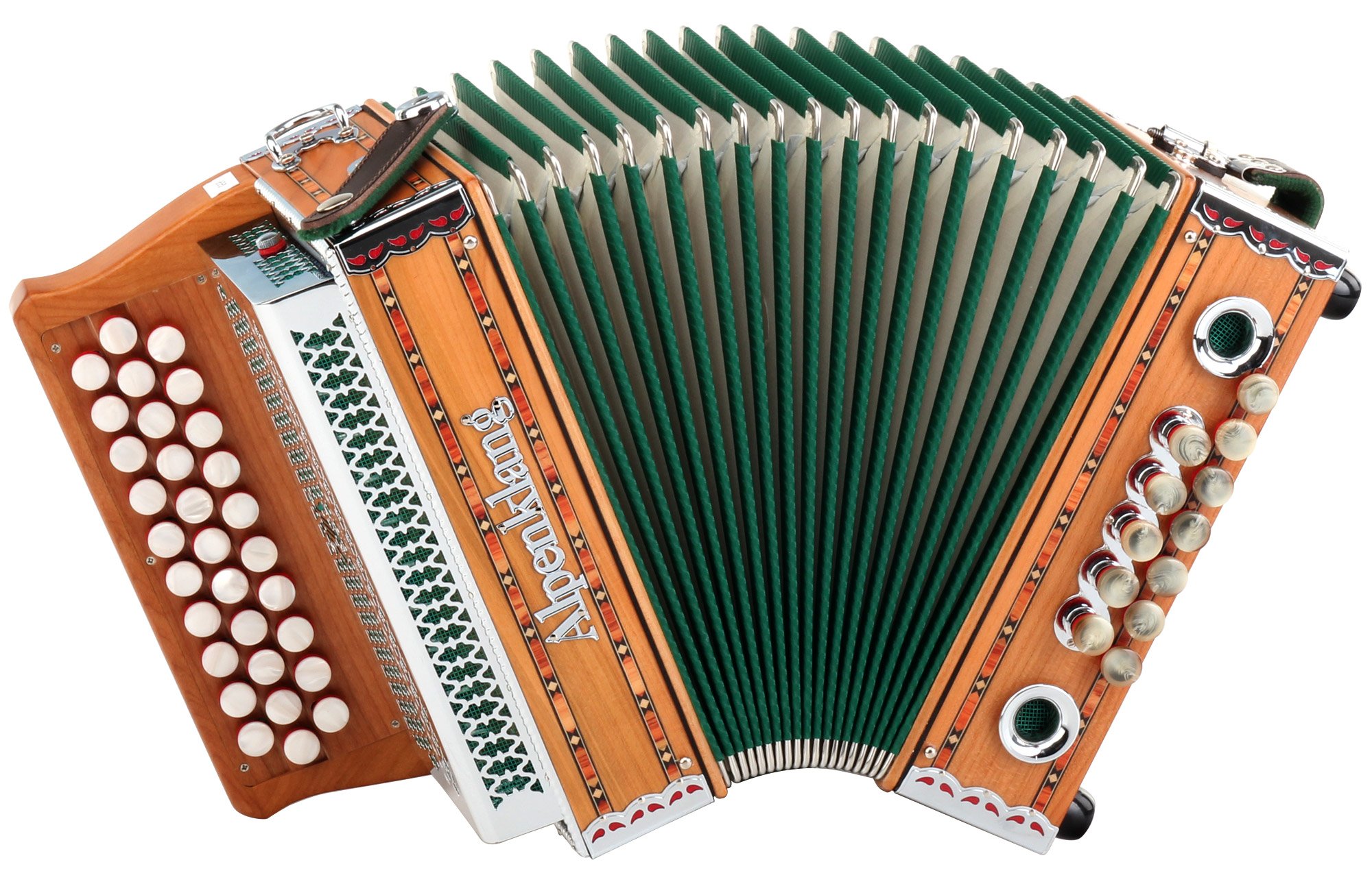 Alpenklang Steirische Harmonika "Mini" massiv aus Kirschholz (G-C-F Stimmung, 31 Knopftasten, 11 Helikon-Bässe, 3-reihig, inkl. Rucksack-Case)