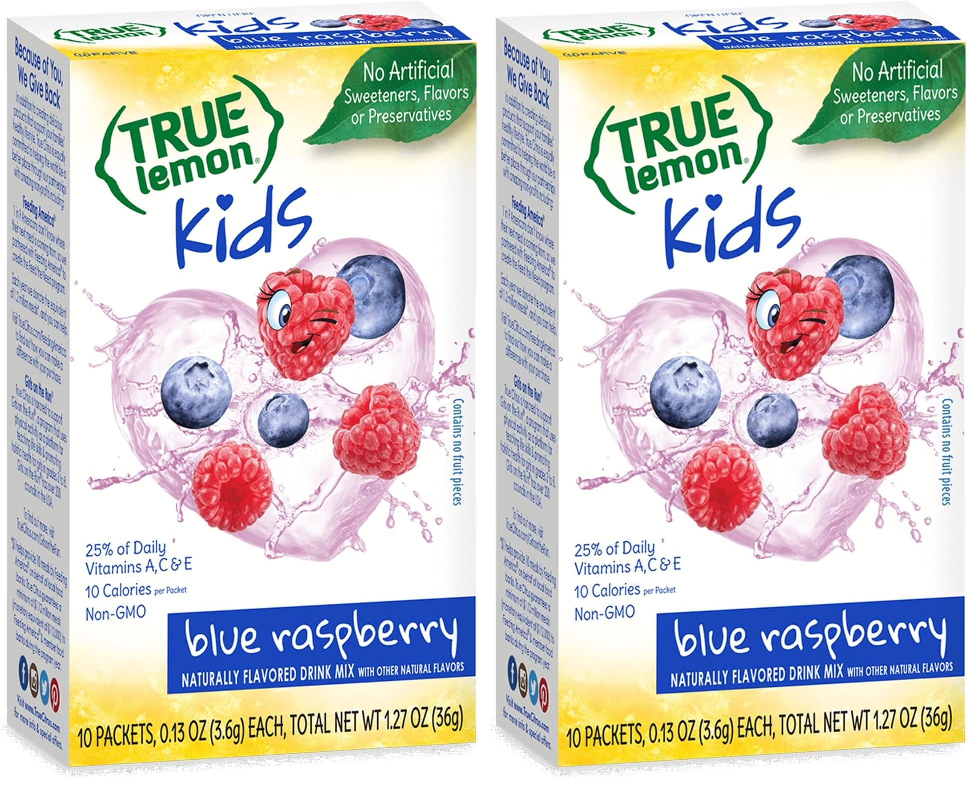 True Lemon Kids Blue Raspberry - Hydration for Kids - No Preservatives, No Artificial Flavors, No Artificial Sweeteners - Low Sugar Water Flavoring - Drink Mix for Kids - Kids Juice Powdered Drink Mix 10 count(pack of 2)